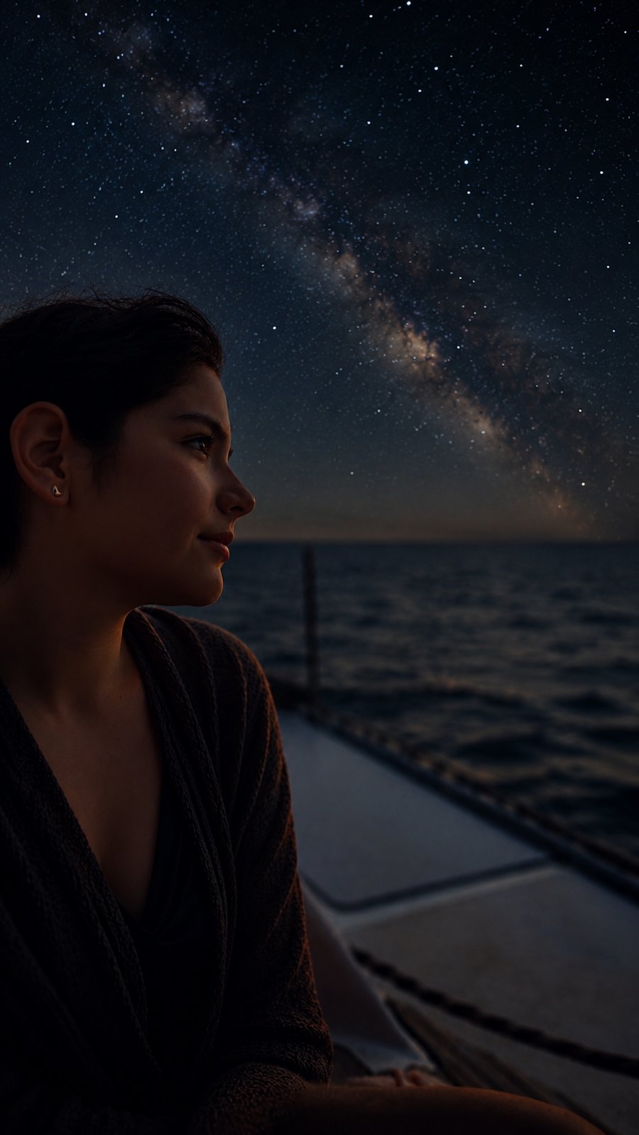 Olimpia Casamayor observando la Vía Láctea sobre el mar de noche
